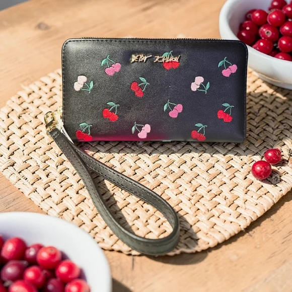 NEW Betsey Johnson Black & Cherries Embroidered Wallet Wristlet Zip Around NWT - Picture 7 of 7